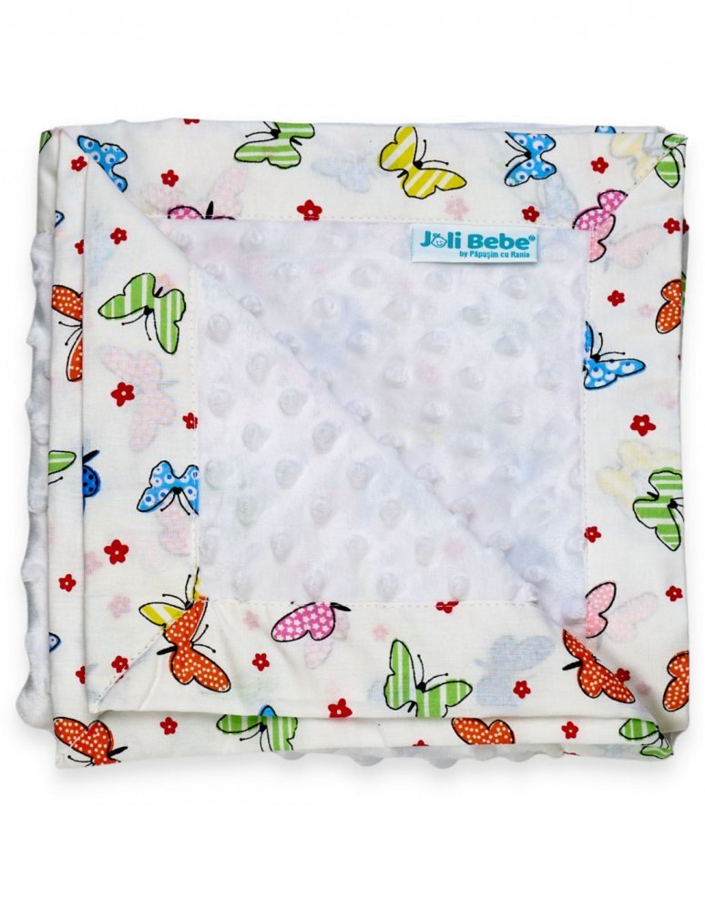 Joli Bebe Paturica cu 2 fete din plus minky si bumbac 100 x 100 cm model fluturi alb