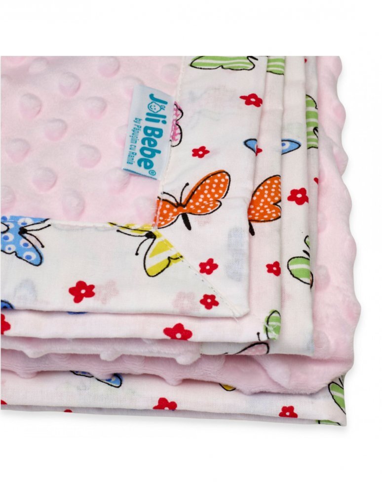 Joli Bebe Paturica cu 2 fete din plus minky si bumbac 100 x 100 cm model fluturi roz