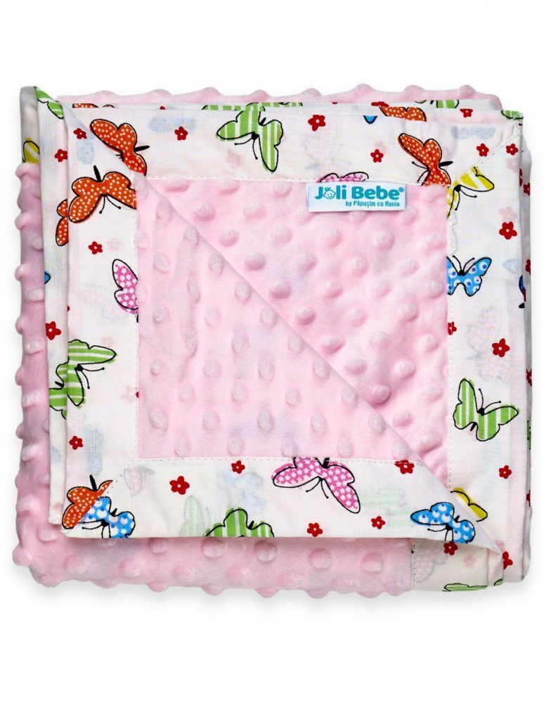 Joli Bebe Paturica cu 2 fete din plus minky si bumbac 100 x 100 cm model fluturi roz