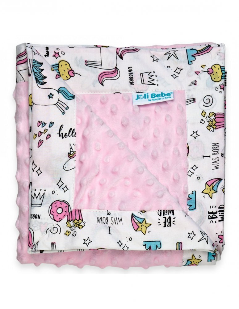 Joli Bebe Paturica cu 2 fete din plus minky si bumbac 100 x 100 cm model unicorni roz