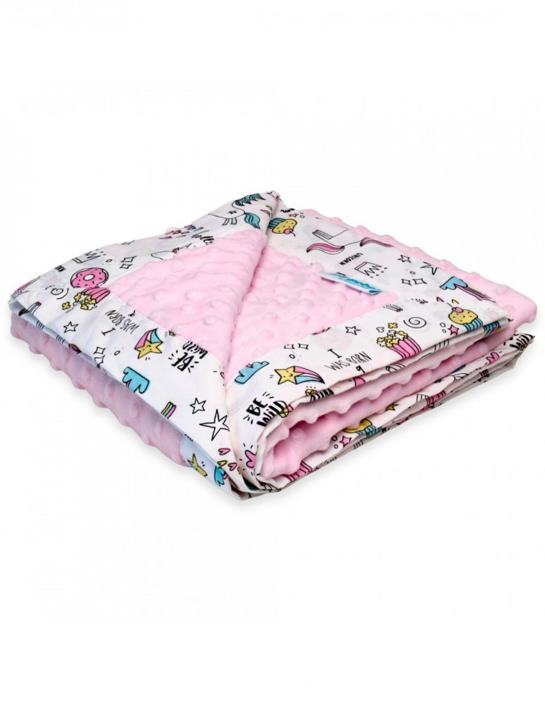 Joli Bebe Paturica cu 2 fete din plus minky si bumbac 100 x 100 cm model unicorni roz