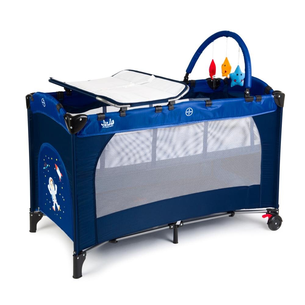 Juju Patut pentru copii Sleepy Baby Space Adventure pliabil roti cu blocare bara de jucarii salteluta de infasat geanta de transport usita laterala cu fermoar dimensiuni 125 L x 65 l x 78 cm