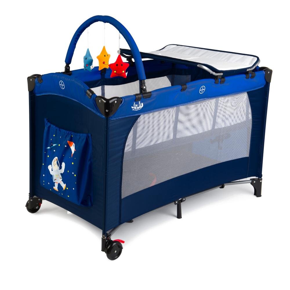 Juju Patut pentru copii Sleepy Baby Space Adventure pliabil roti cu blocare bara de jucarii salteluta de infasat geanta de transport usita laterala cu fermoar dimensiuni 125 L x 65 l x 78 cm