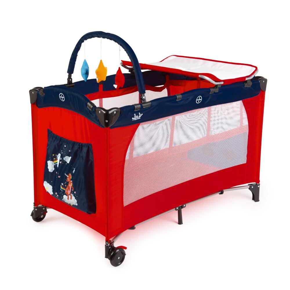 Juju Patut pentru copii Sleepy Baby Unicorn pliabil roti cu blocare bara de jucarii salteluta de infasat geanta de transport usita laterala cu fermoar dimensiuni 125 L x 65 l x 78 cm