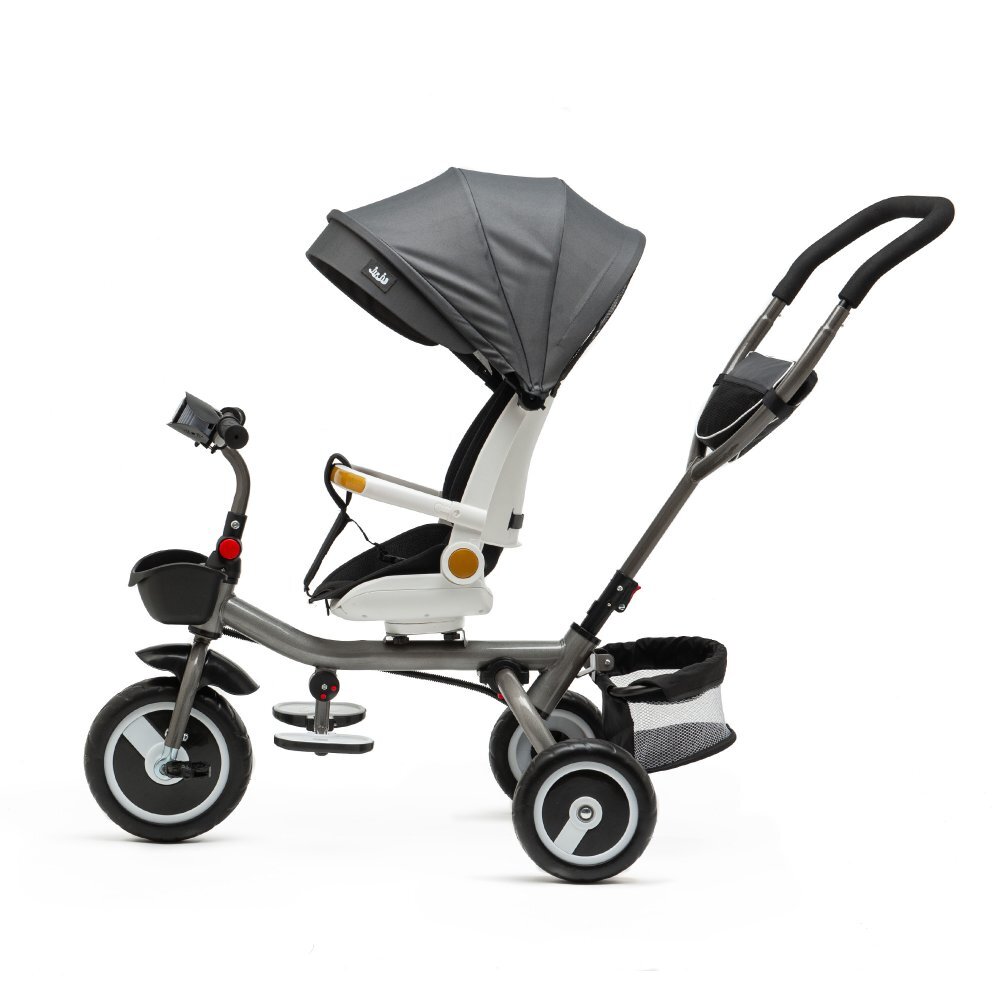 Juju Tricicleta pentru copii Bliss Ride Gri 3 in 1 pozitie de somn reversibila far luminos muzica cos depozitare gentuta protectie UV cauciucuri spuma EVA greutate maxima admisa 25kg