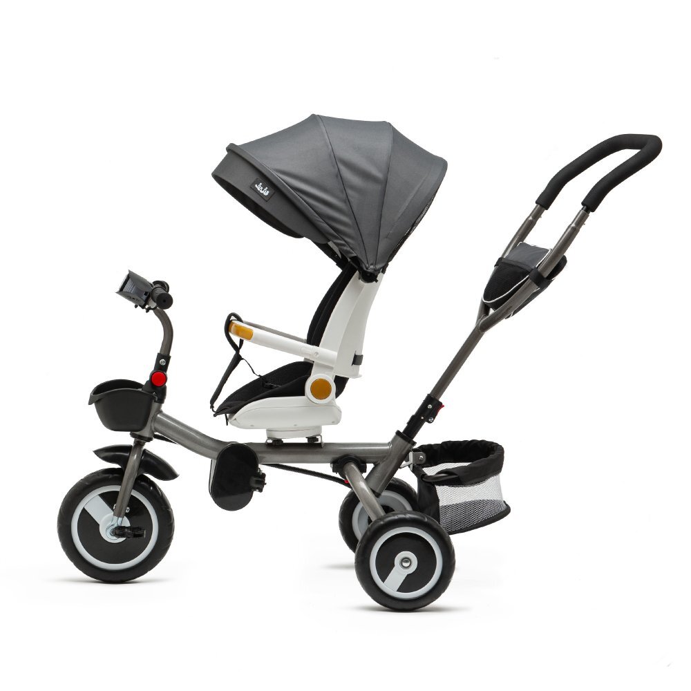 Juju Tricicleta pentru copii Bliss Ride Gri 3 in 1 pozitie de somn reversibila far luminos muzica cos depozitare gentuta protectie UV cauciucuri spuma EVA greutate maxima admisa 25kg