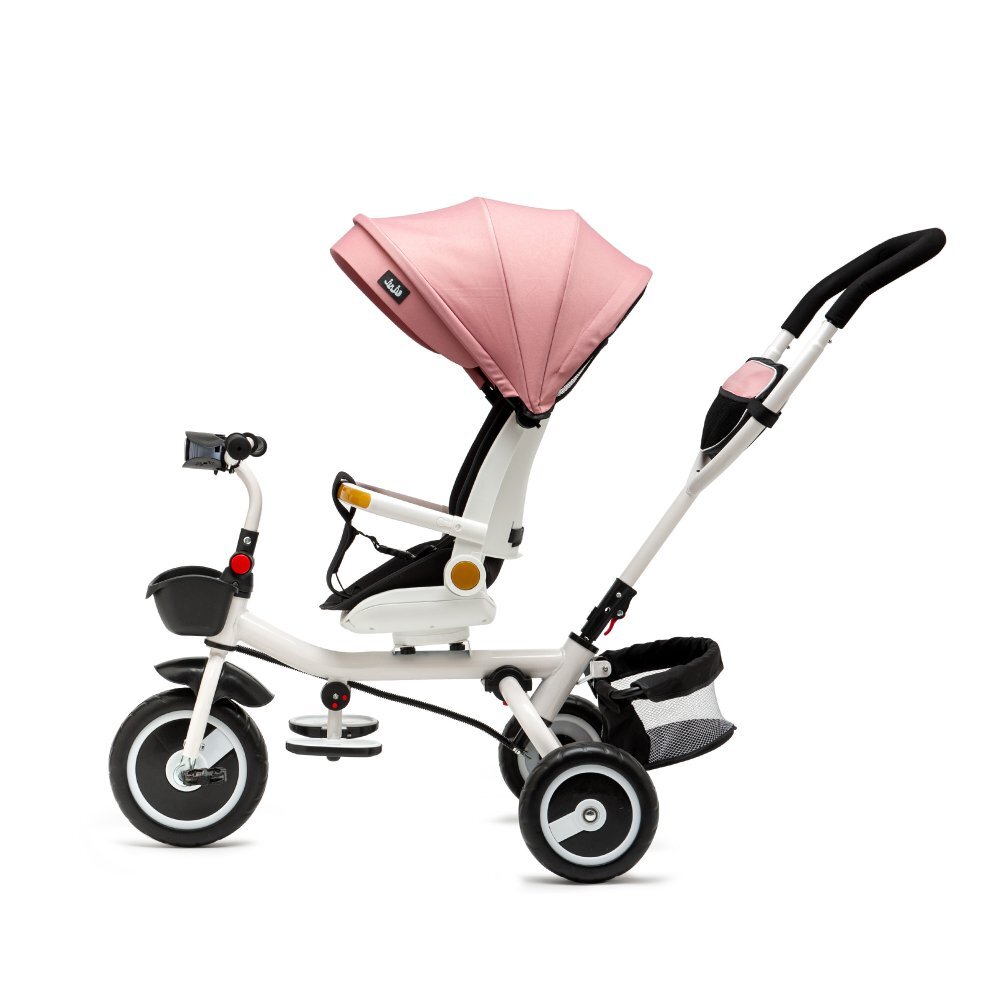 Juju Tricicleta pentru copii Bliss Ride Roz 3 in 1 pozitie de somn reversibila far luminos Muzica cos depozitare gentuta protectie UV cauciucuri spuma EVA greutate maxima admisa 25kg