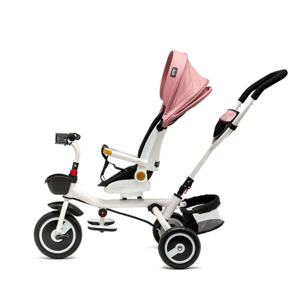 Juju Tricicleta pentru copii Bliss Ride Roz 3 in 1 pozitie de somn reversibila far luminos Muzica cos depozitare gentuta protectie UV cauciucuri spuma EVA greutate maxima admisa 25kg