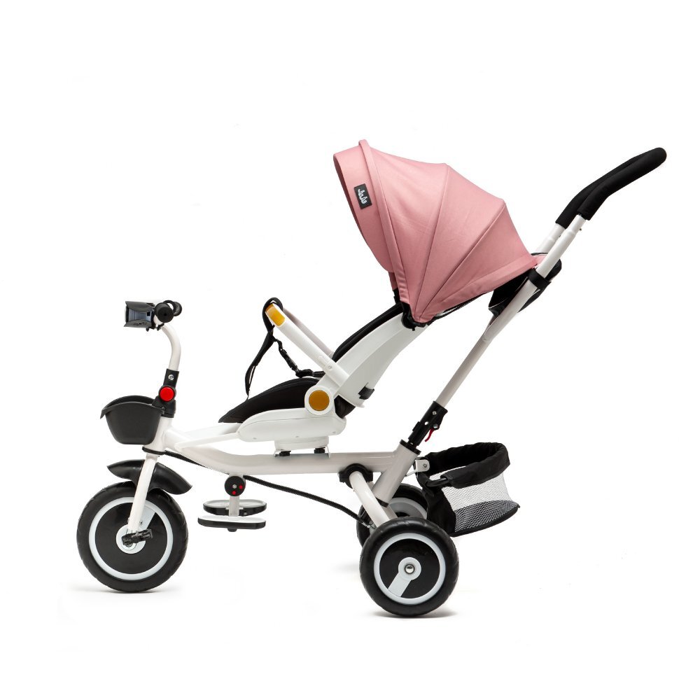 Juju Tricicleta pentru copii Bliss Ride Roz 3 in 1 pozitie de somn reversibila far luminos Muzica cos depozitare gentuta protectie UV cauciucuri spuma EVA greutate maxima admisa 25kg