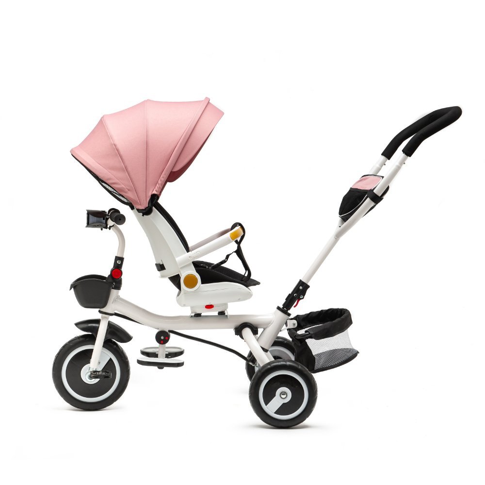 Juju Tricicleta pentru copii Bliss Ride Roz 3 in 1 pozitie de somn reversibila far luminos Muzica cos depozitare gentuta protectie UV cauciucuri spuma EVA greutate maxima admisa 25kg