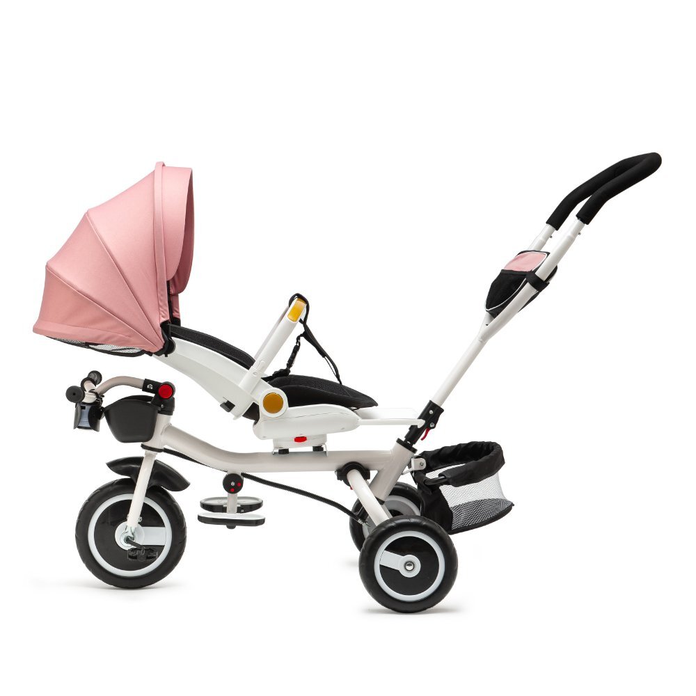 Juju Tricicleta pentru copii Bliss Ride Roz 3 in 1 pozitie de somn reversibila far luminos Muzica cos depozitare gentuta protectie UV cauciucuri spuma EVA greutate maxima admisa 25kg