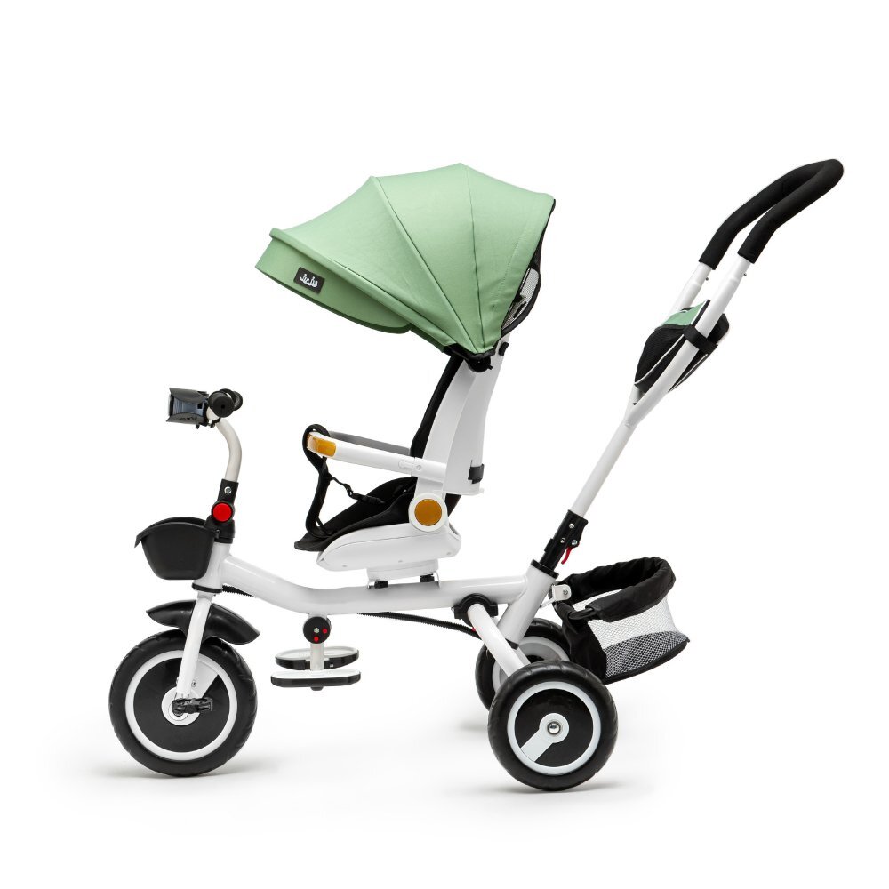 Juju Tricicleta pentru copii Bliss Ride Verde 3 in 1 pozitie de somn reversibila far luminos muzica cos depozitare gentuta protectie UV cauciucuri spuma EVA greutate maxima admisa 25kg