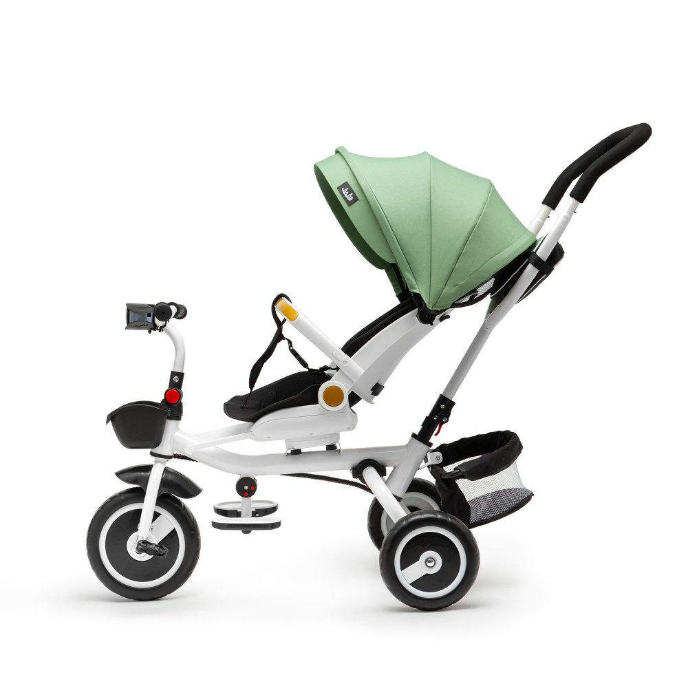 Juju Tricicleta pentru copii Bliss Ride Verde 3 in 1 pozitie de somn reversibila far luminos muzica cos depozitare gentuta protectie UV cauciucuri spuma EVA greutate maxima admisa 25kg
