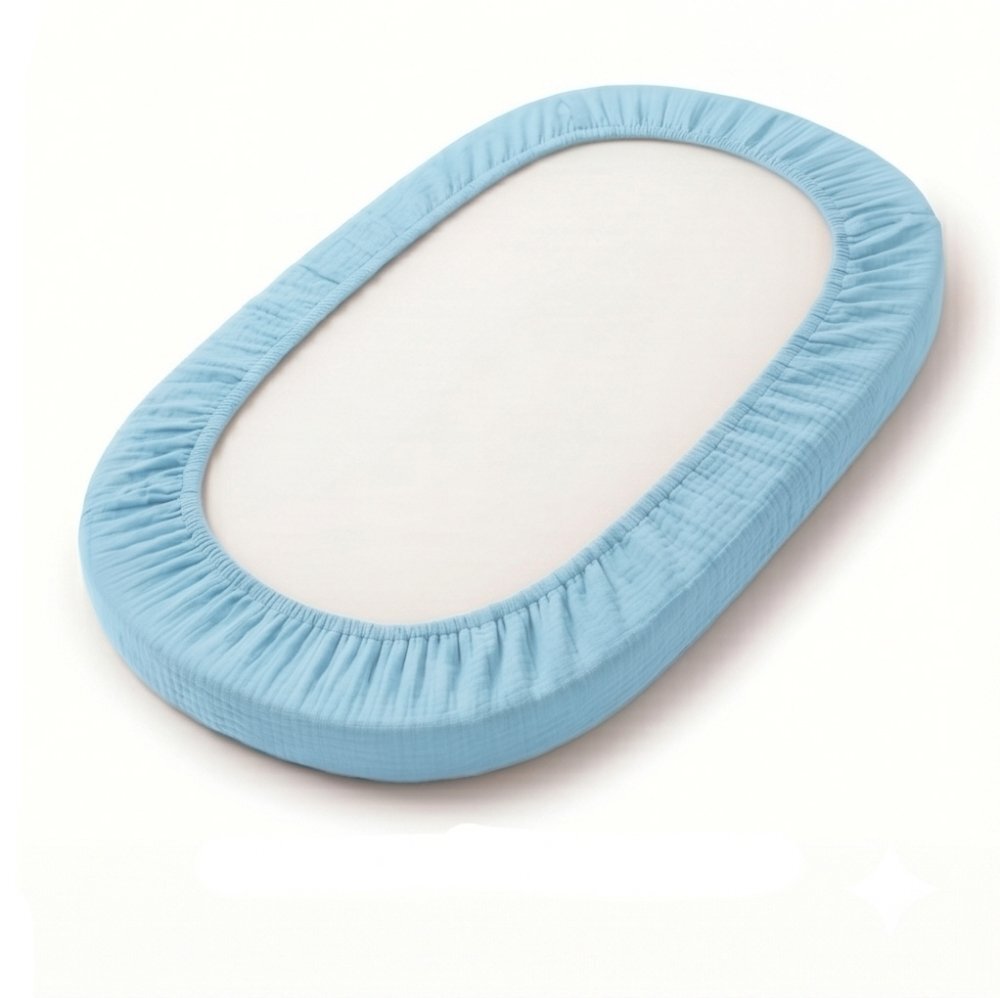 Kerstin Cearceaf cu banda elastica pentru landoucarucior si cosulet copii Premium Muslin Baby blue realizat din muselina bumbac 100 dimensiune 80 x 38 cm