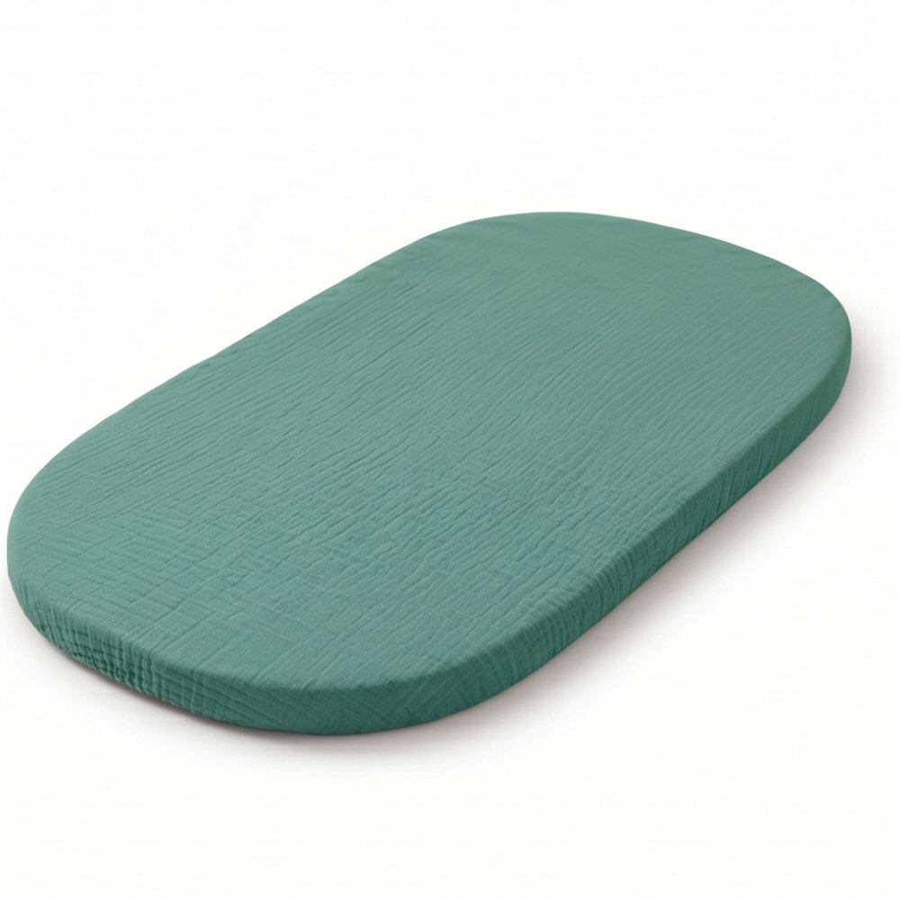 Kerstin Cearceaf cu banda elastica pentru landoucarucior si cosulet copii Premium Muslin Emerald realizat din muselina bumbac 100 dimensiune 80 x 38 cm