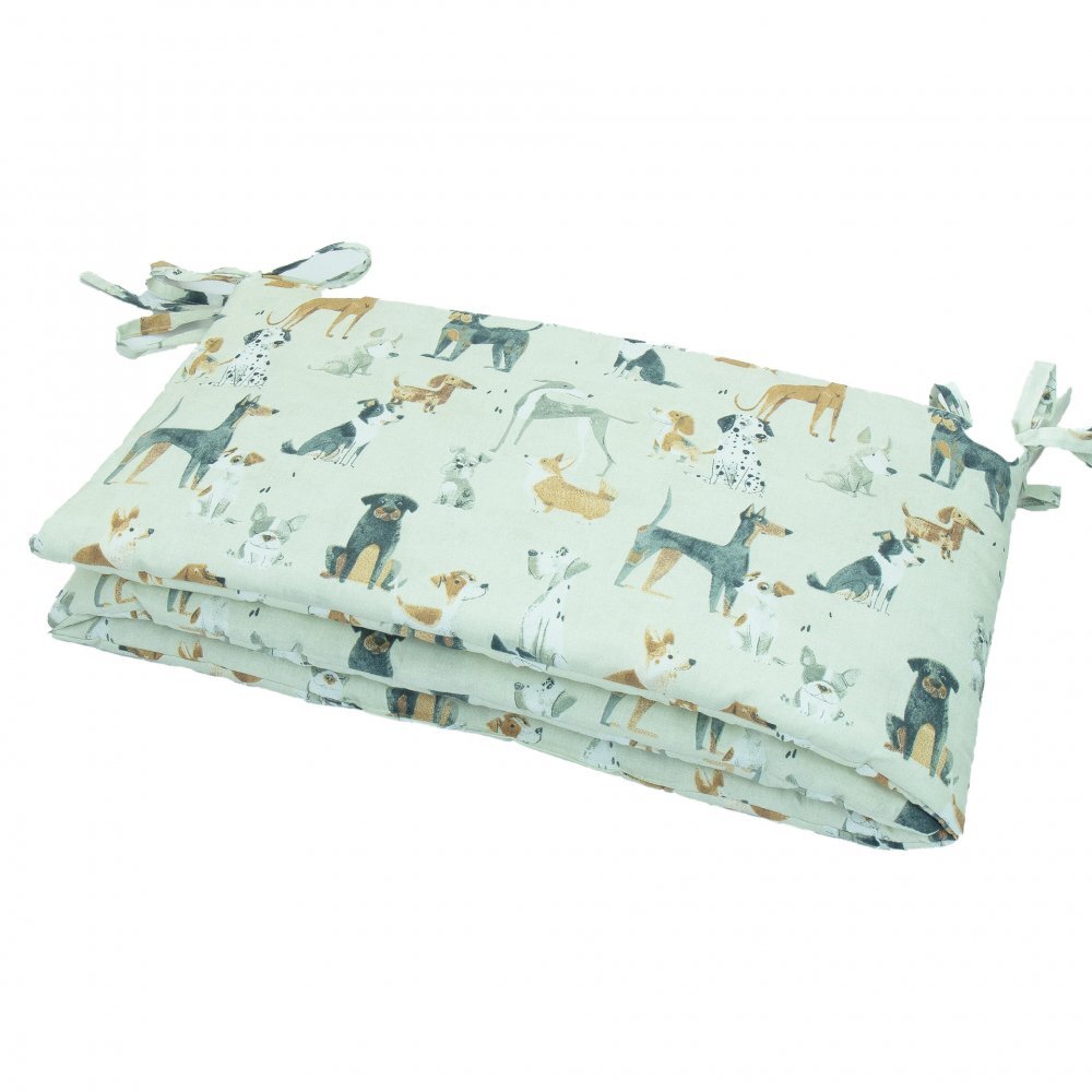 Kerstin Protectie laterala pentru patut copii Dogs 180 x 30 cm cu doua fete suprafata din bumbac 100 prindere cu panglici