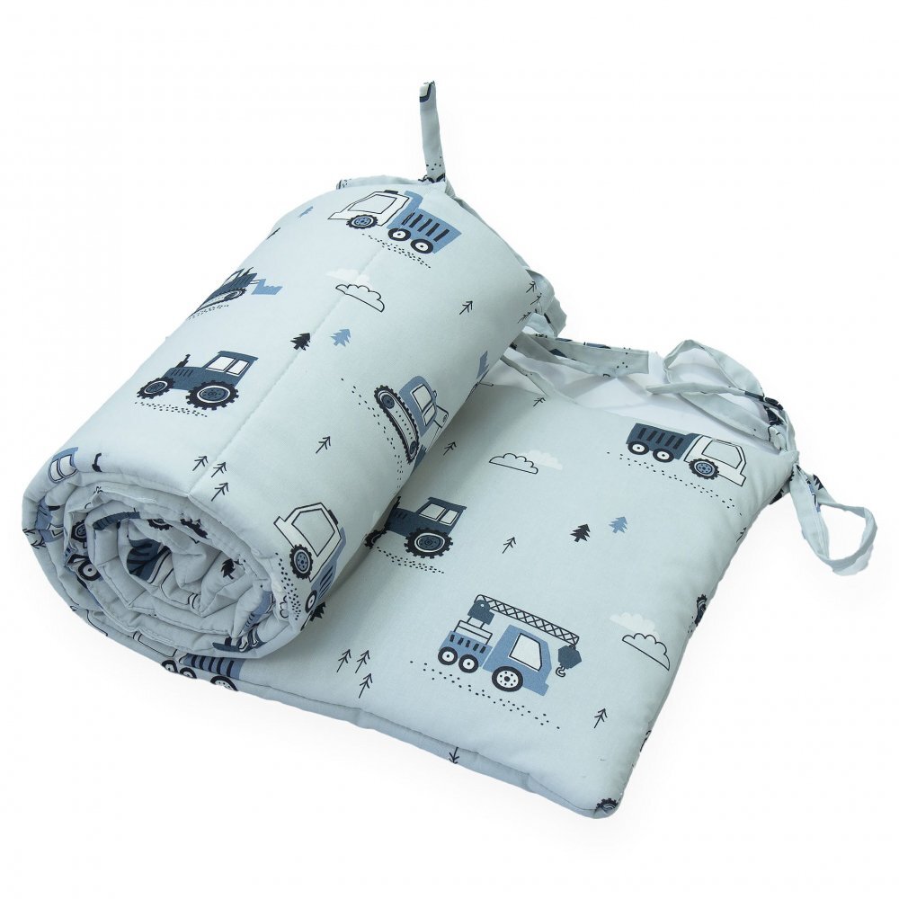 Kerstin Protectie laterala pentru patut copii Excavatoare gri 180 x 30 cm cu doua fete suprafata din bumbac 100 prindere cu panglici