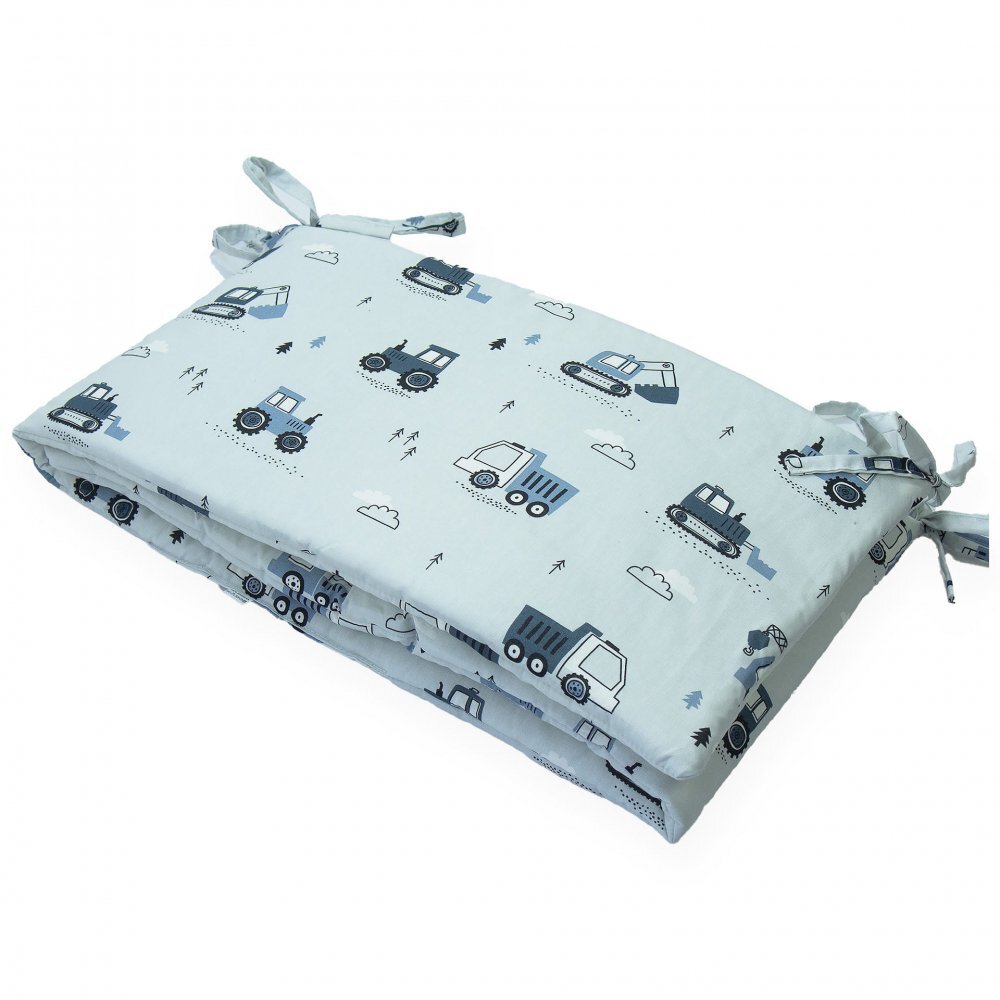 Kerstin Protectie laterala pentru patut copii Excavatoare gri 180 x 30 cm cu doua fete suprafata din bumbac 100 prindere cu panglici