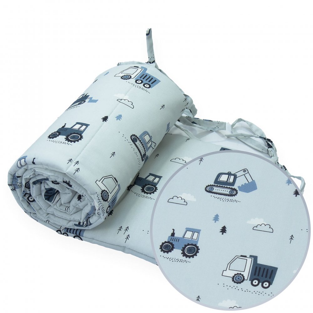 Kerstin Protectie laterala pentru patut copii Excavatoare gri 180 x 30 cm cu doua fete suprafata din bumbac 100 prindere cu panglici