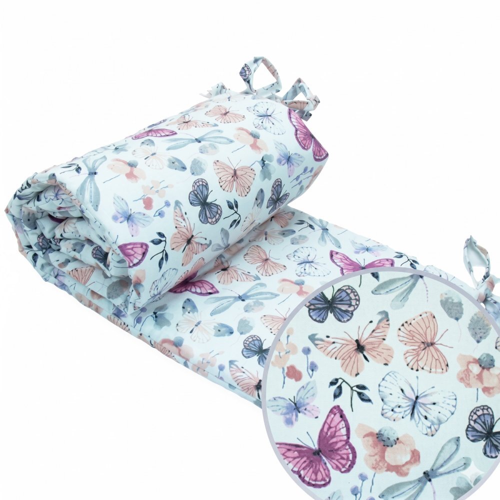 Kerstin Protectie laterala pentru patut copii Fluturi si Libelule 180 x 30 cm cu doua fete suprafata din bumbac 100 prindere cu panglici