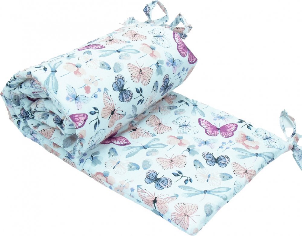 Kerstin Protectie laterala pentru patut copii Fluturi si Libelule 180 x 30 cm cu doua fete suprafata din bumbac 100 prindere cu panglici