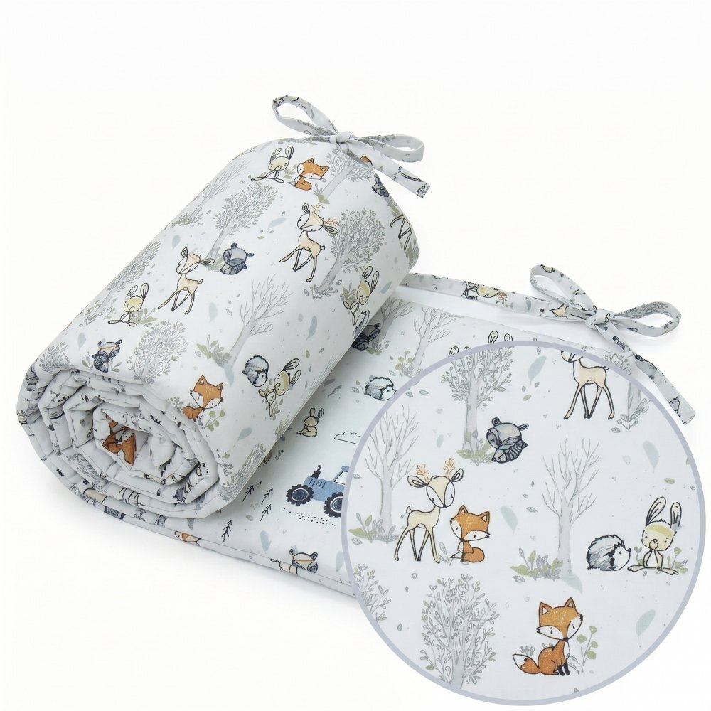 Kerstin Protectie laterala pentru patut copii Forest animals 180 x 30 cm cu doua fete suprafata din bumbac 100 prindere cu panglici