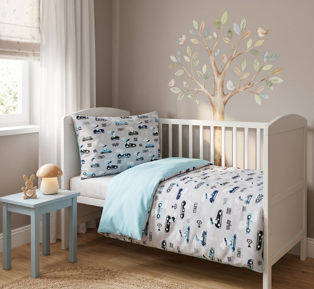 Kerstin Set lenjerie 2 piese pentru patut copii Bunny drivers husa pilota 120x90 si fata perna 40x60 cm design versatil cu doua fete tesatura moale inchidere cu fermoar