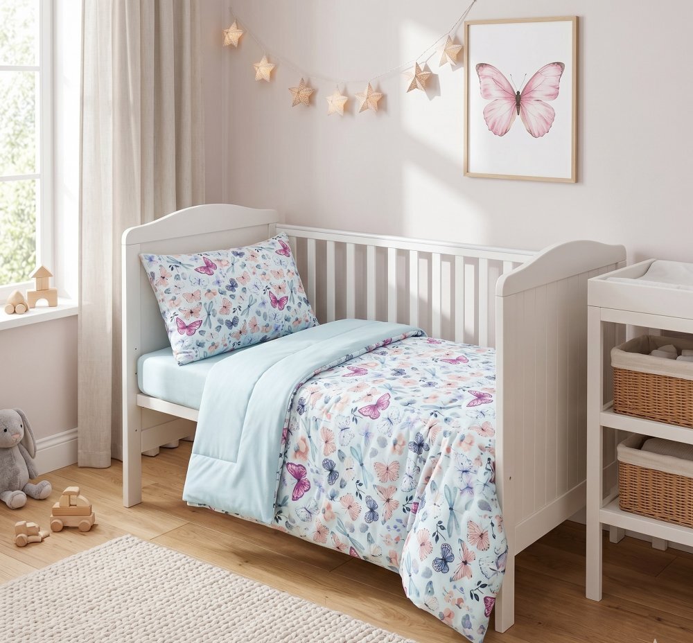 Kerstin Set lenjerie 2 piese pentru patut copii Fluturasi husa pilota 120x90 si fata perna 40x60 cm design versatil cu doua fete tesatura moale inchidere cu fermoar