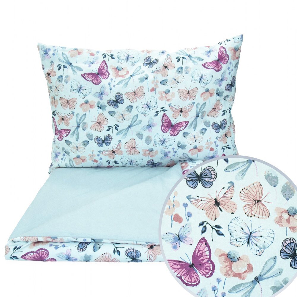 Kerstin Set lenjerie 2 piese pentru patut copii Fluturasi husa pilota 120x90 si fata perna 40x60 cm design versatil cu doua fete tesatura moale inchidere cu fermoar
