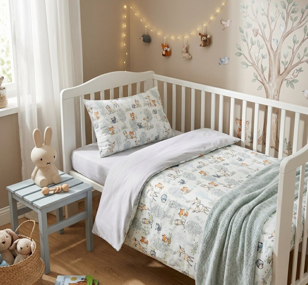 Kerstin Set lenjerie 2 piese pentru patut copii Forest animals husa pilota 120x90 si fata perna 40x60 cm design versatil cu doua fete tesatura moale inchidere cu fermoar