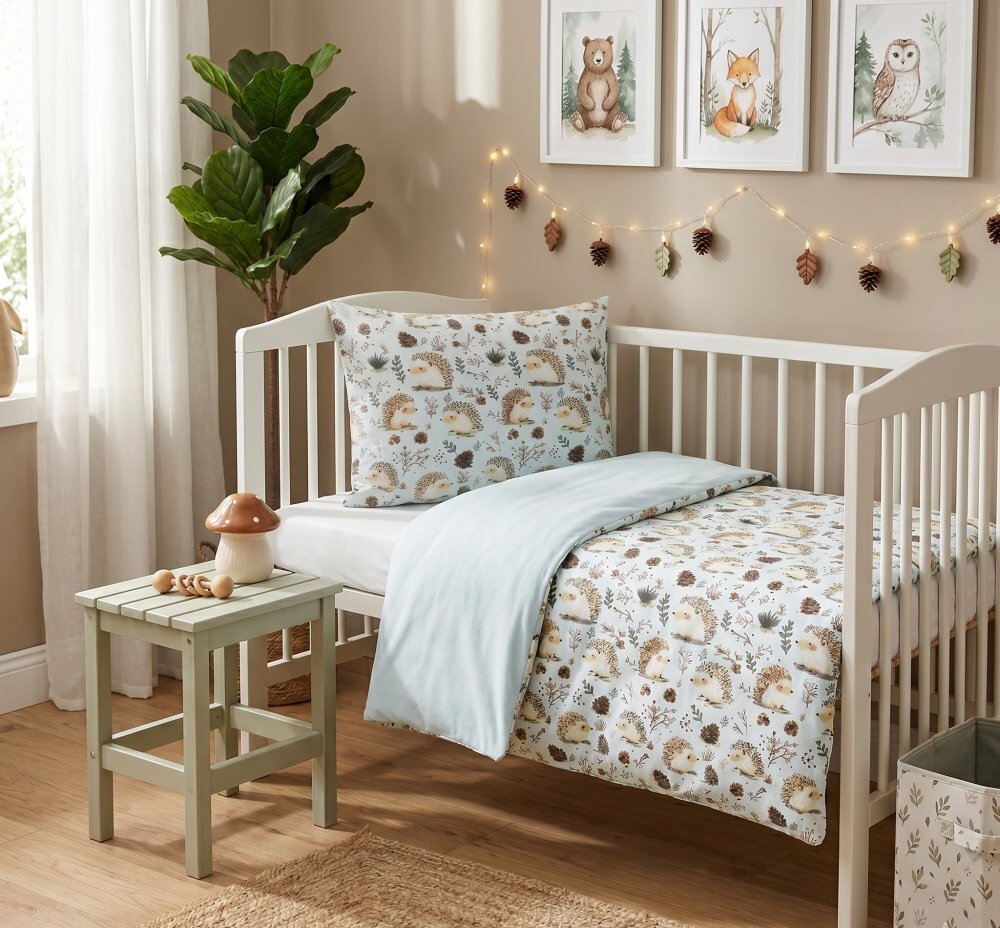 Kerstin Set lenjerie 2 piese pentru patut copii Hedgehog husa pilota 120x90 si fata perna 40x60 cm design versatil cu doua fete tesatura moale inchidere cu fermoar