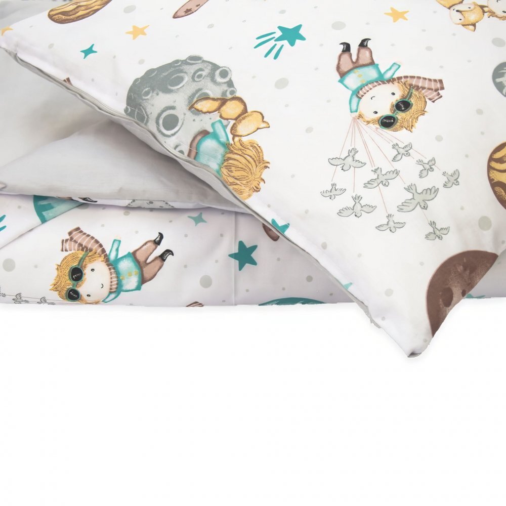Kerstin Set lenjerie 2 piese pentru patut copii Micul print husa pilota 120x90 si fata perna 40x60 cm design versatil cu doua fete tesatura moale inchidere cu fermoar