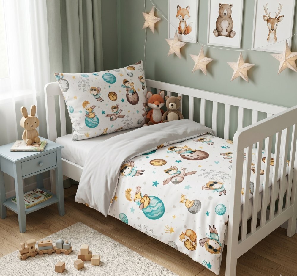 Kerstin Set lenjerie 2 piese pentru patut copii Micul print husa pilota 120x90 si fata perna 40x60 cm design versatil cu doua fete tesatura moale inchidere cu fermoar