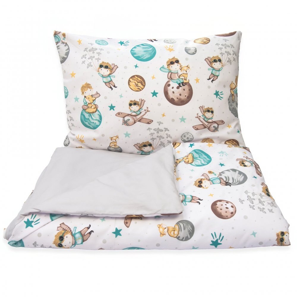 Kerstin Set lenjerie 2 piese pentru patut copii Micul print husa pilota 120x90 si fata perna 40x60 cm design versatil cu doua fete tesatura moale inchidere cu fermoar