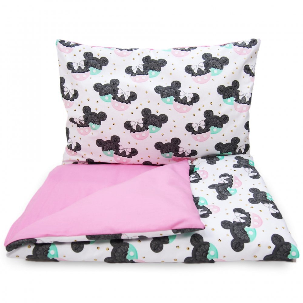 Kerstin Set lenjerie 2 piese pentru patut copii Pink Mouse husa pilota 120x90 si fata perna 40x60 cm design versatil cu doua fete tesatura moale inchidere cu fermoar
