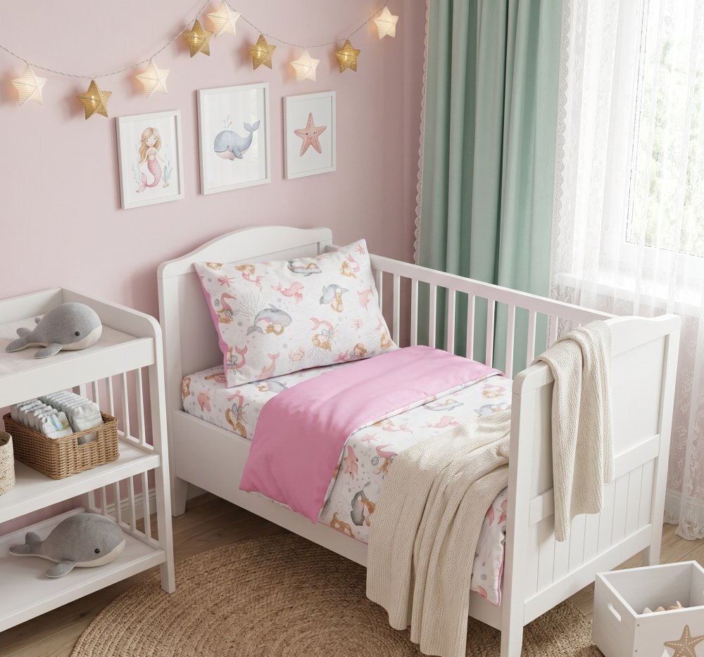 Kerstin Set lenjerie 2 piese pentru patut copii Sirene husa pilota 120x90 si fata perna 40x60 cm design versatil cu doua fete tesatura moale inchidere cu fermoar