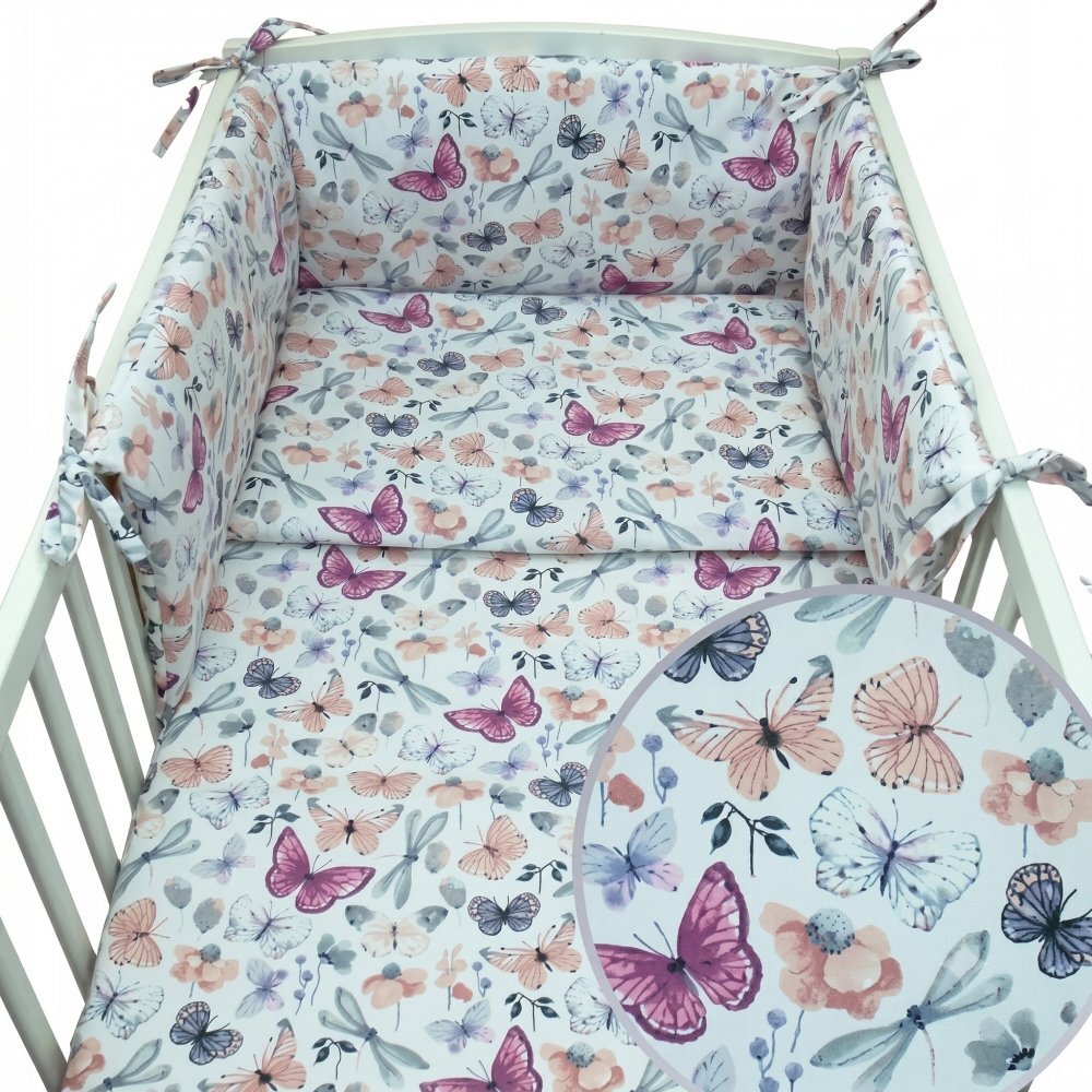 Kerstin Set lenjerie de patut 3 piese Fluturasi cu husa de pilotafata de perna si aparatoare laterala 180x30 cmdin bumbacinchidere cu fermoarcompatibila pautut 120x60 cm