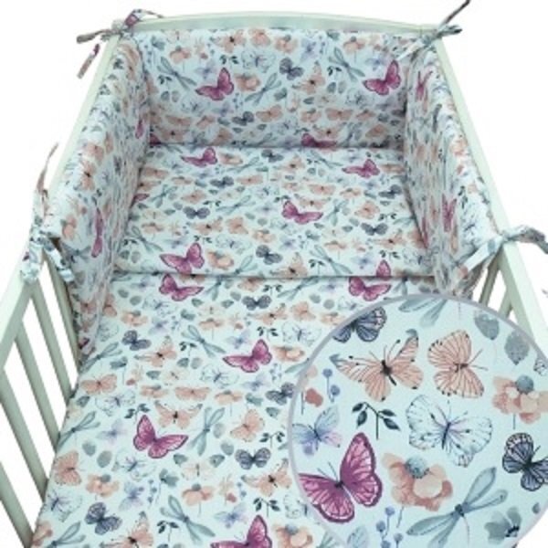 Kerstin Set lenjerie de patut 3 piese Fluturasi cu husa de pilotafata de perna si aparatoare laterala 180x30 cmdin bumbacinchidere cu fermoarcompatibila pautut 120x60 cm
