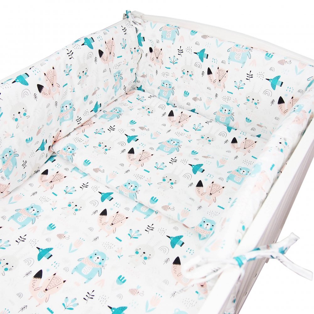 Kerstin Set lenjerie de patut 3 piese Woodland Animals cu husa de pilotafata de perna si aparatoare laterala 180x30 cmdin bumbacinchidere cu fermoarcompatibila pautut 120x60 cm
