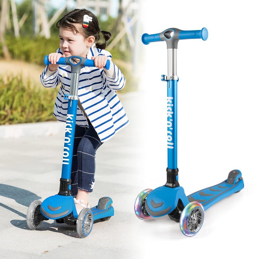 KicknRoll Trotineta pentru copii Nichiduta Kick and roll Blue pliabila cadru din aluminiu ghidon reglabil in 4 pozitii roti silentioase din PU cu lumini LED dimensiune 58 x 25.9 x 82 cm
