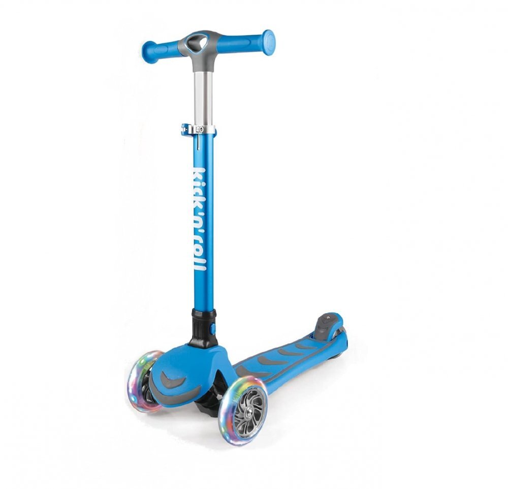 KicknRoll Trotineta pentru copii Nichiduta Kick and roll Blue pliabila cadru din aluminiu ghidon reglabil in 4 pozitii roti silentioase din PU cu lumini LED dimensiune 58 x 25.9 x 82 cm