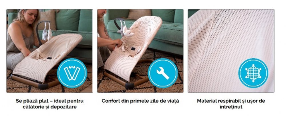 Kidnort Balansoar ergonomic pentru copii Moln Bej cu centura de siguranta bara cu jucarii detasabila spatar ajustabil pliabil si usor de transportat