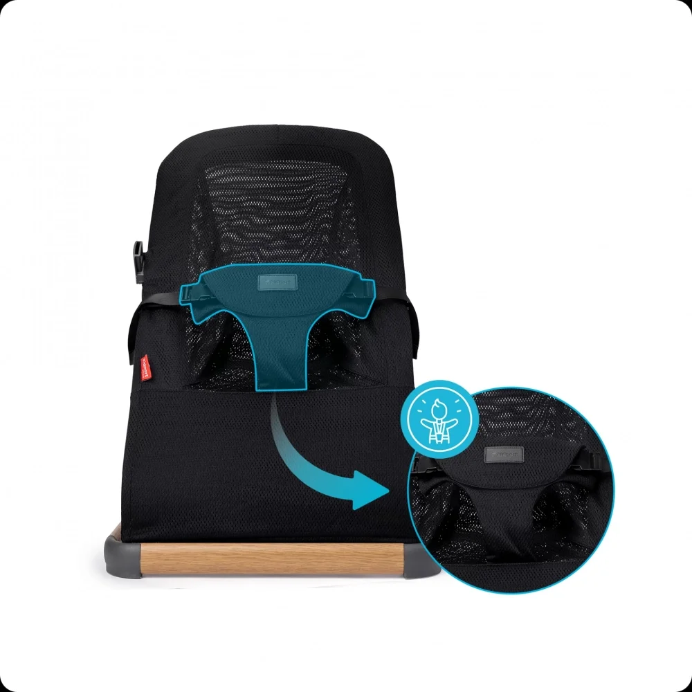 Kidnort Balansoar ergonomic pentru copii Moln Black cu centura de siguranta bara cu jucarii detasabila spatar ajustabil pliabil si usor de transportat