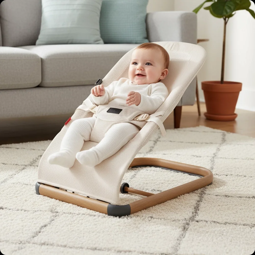 Kidnort Balansoar ergonomic pentru copii Moln Grey cu centura de siguranta bara cu jucarii detasabila spatar ajustabil pliabil si usor de transportat
