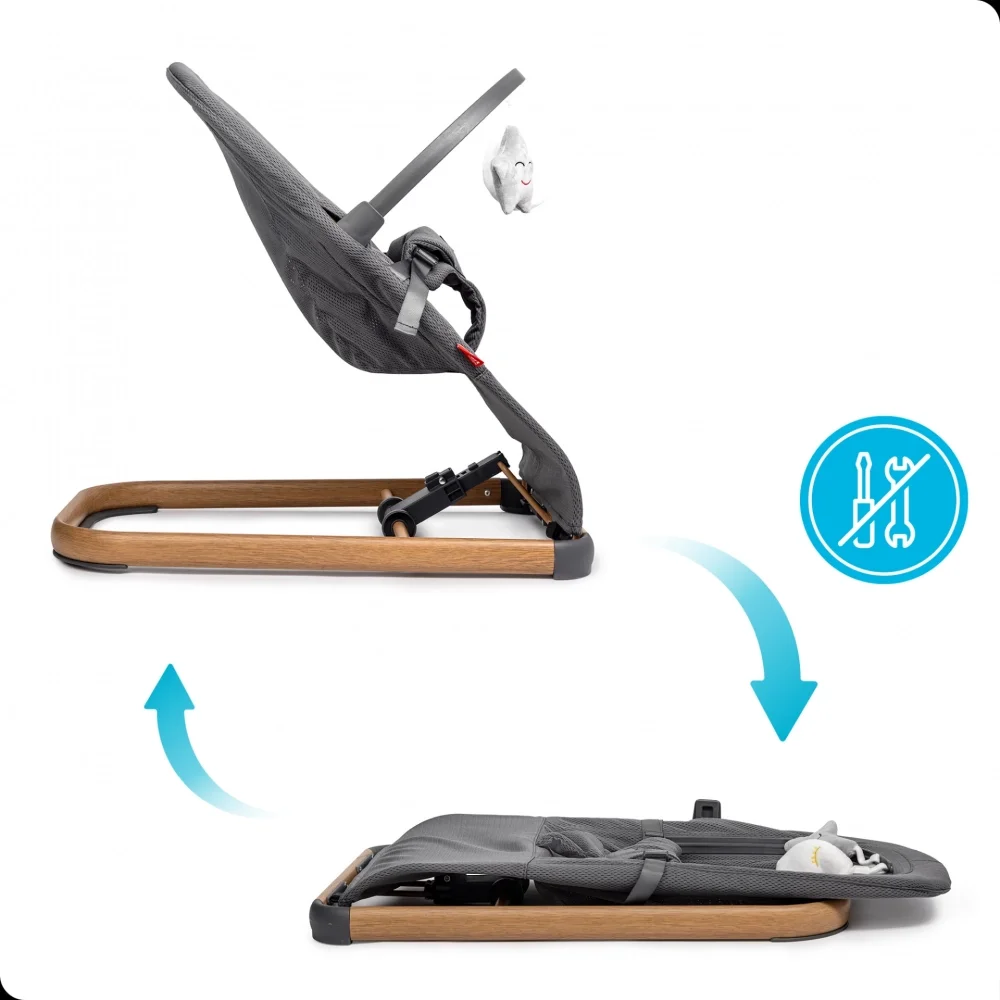 Kidnort Balansoar ergonomic pentru copii Moln Grey cu centura de siguranta bara cu jucarii detasabila spatar ajustabil pliabil si usor de transportat