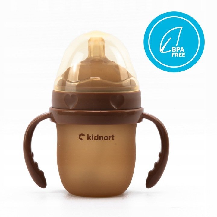 Kidnort Biberon anti-colici pentru bebelusi 0-3 luni Eple sterilizabil cu pai moale din silicon si biluta gravitationala incorporata maner ergonomic detasabil capacitate 150 ml Brown