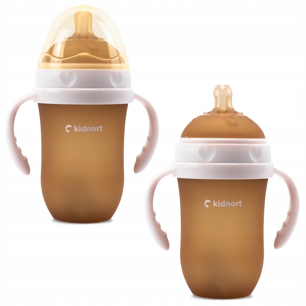 Kidnort Biberon anti-colici pentru bebelusi de la 6 luni Eple nivel de debit 5 cu pai moale din silicon si biluta gravitationala incorporata maner ergonomic detasabil capacitate 250 ml BeigePink
