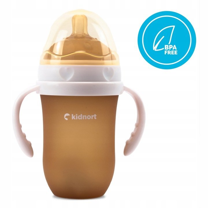 Kidnort Biberon anti-colici pentru bebelusi de la 6 luni Eple nivel de debit 5 cu pai moale din silicon si biluta gravitationala incorporata maner ergonomic detasabil capacitate 250 ml BeigePink