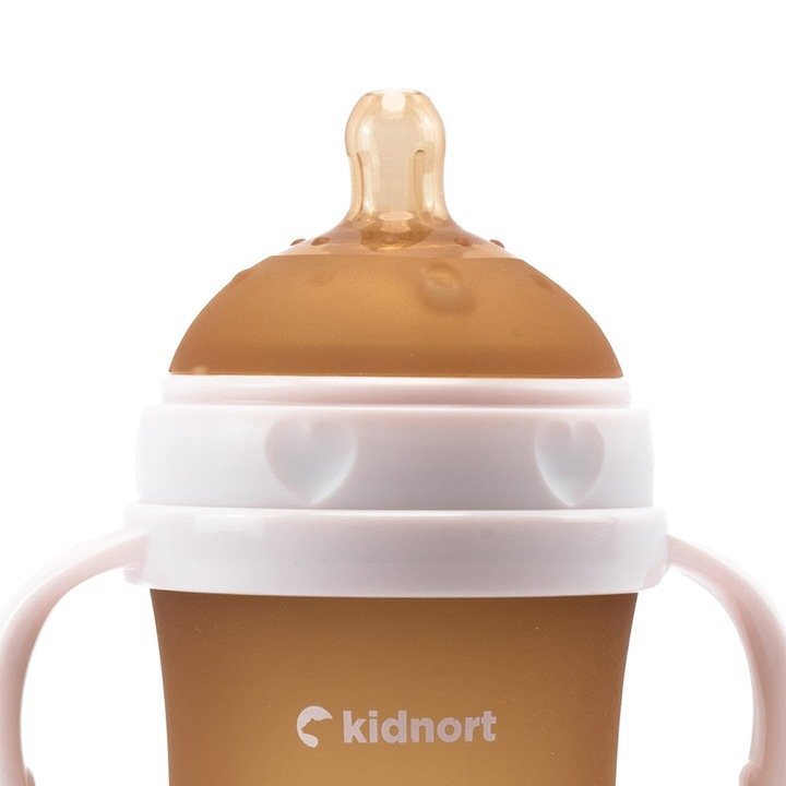 Kidnort Biberon anti-colici pentru bebelusi de la 6 luni Eple nivel de debit 5 cu pai moale din silicon si biluta gravitationala incorporata maner ergonomic detasabil capacitate 250 ml BeigePink