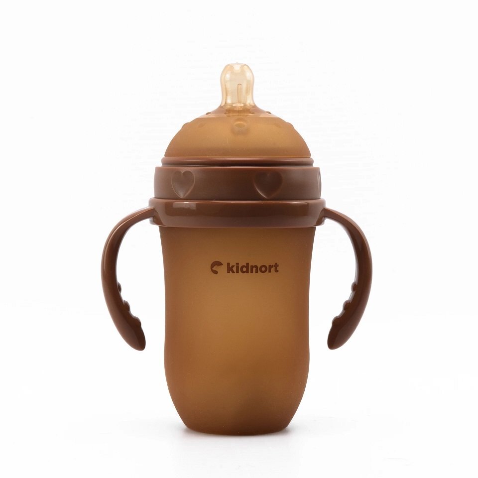 Kidnort Biberon anti-colici pentru bebelusi de la 6 luni Eple nivelul de debit 5 cu pai moale din silicon si biluta gravitationala incorporata maner ergonomic detasabil capacitate 250 ml Brown